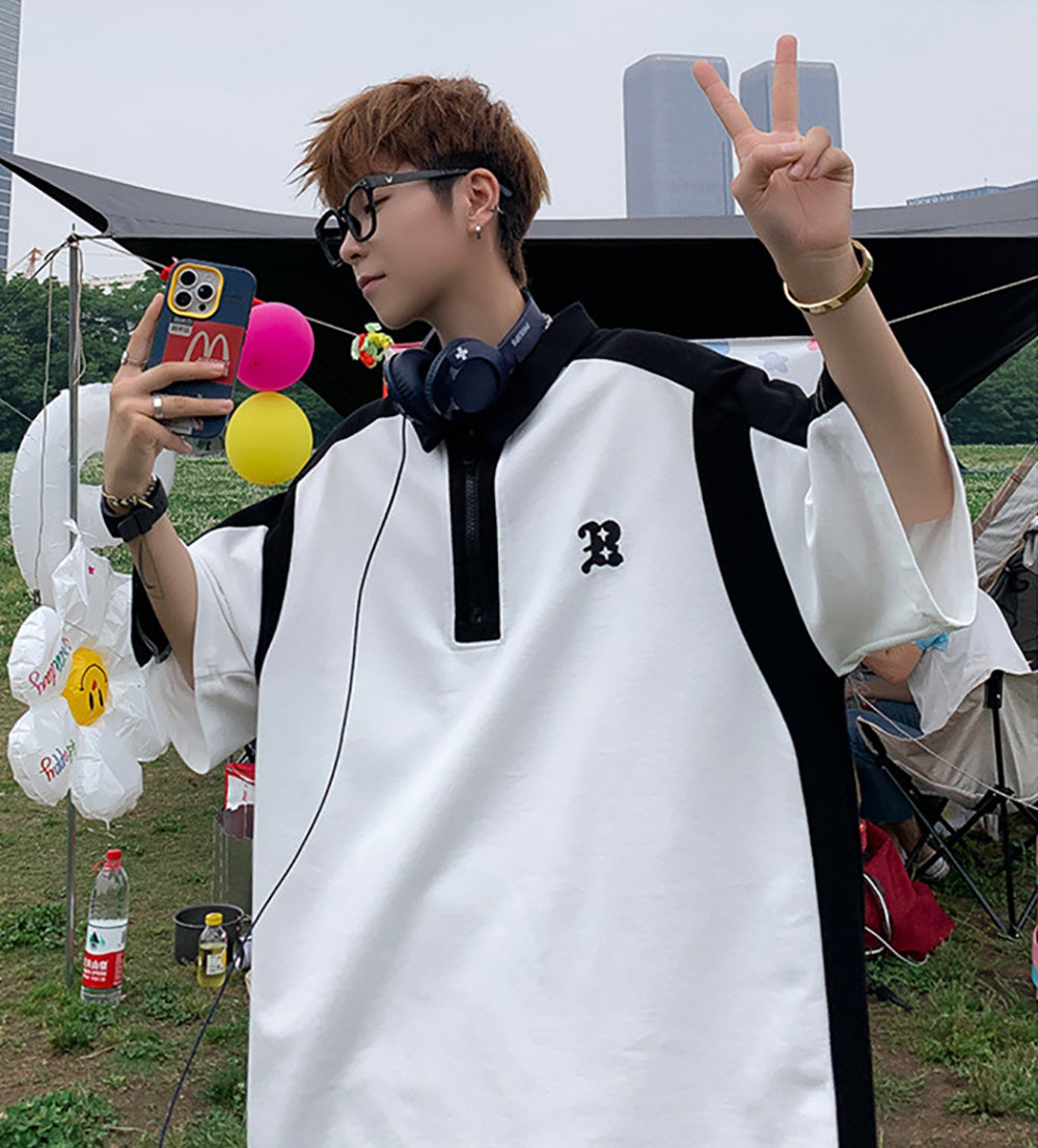 Men Colourblocked Polo Collar Oversized T-shirt