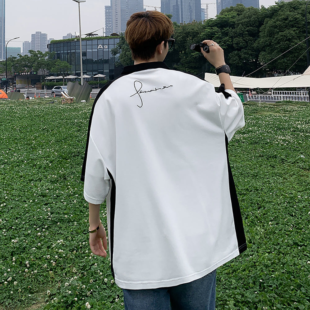 Men Colourblocked Polo Collar Oversized T-shirt