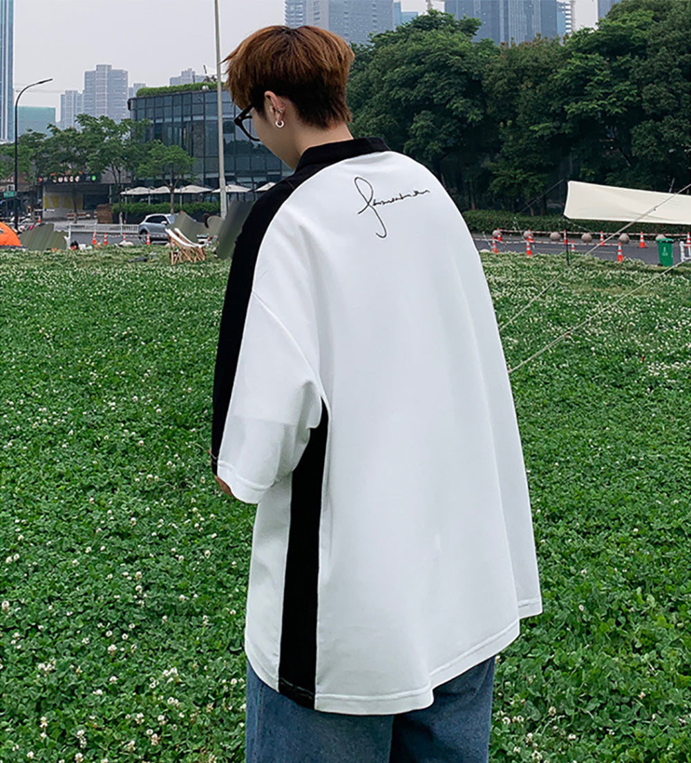Men Colourblocked Polo Collar Oversized T-shirt