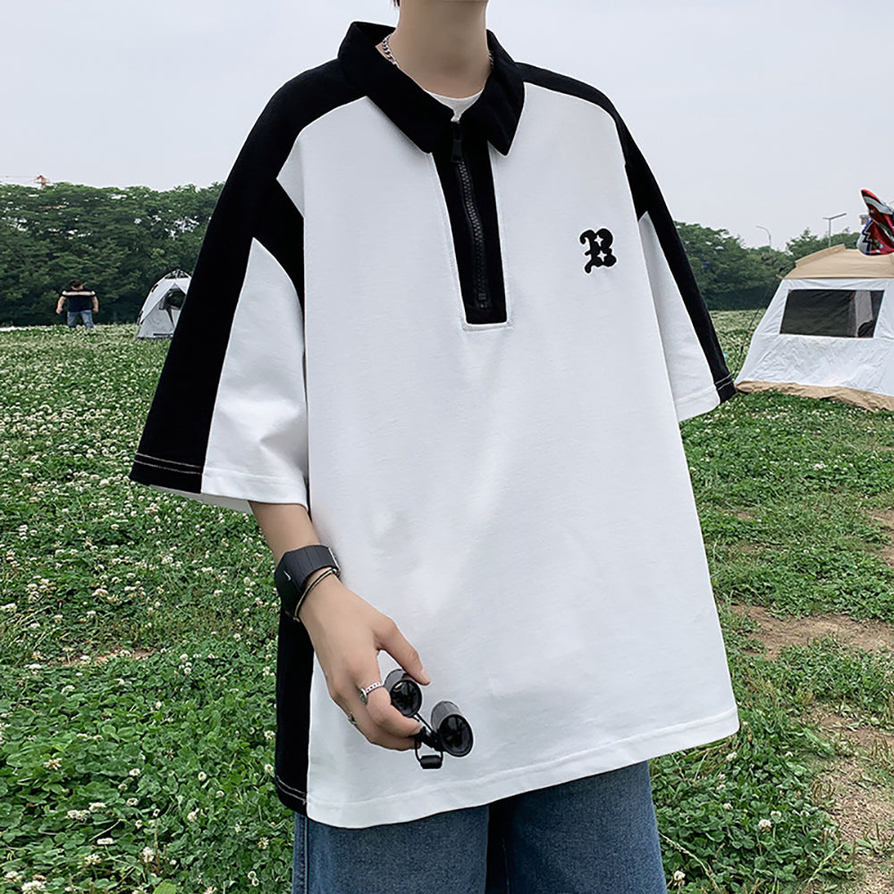 Men Colourblocked Polo Collar Oversized T-shirt