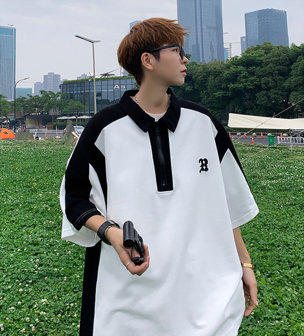 Men Colourblocked Polo Collar Oversized T-shirt