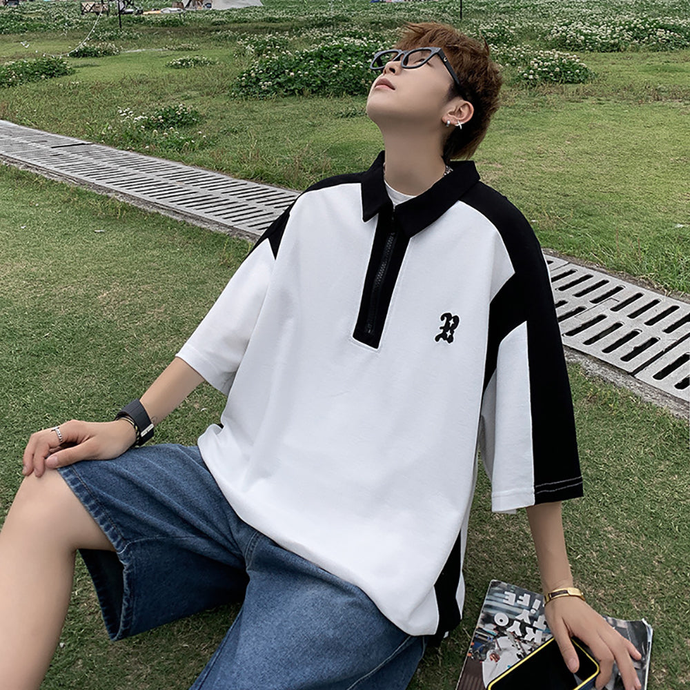 Men Colourblocked Polo Collar Oversized T-shirt
