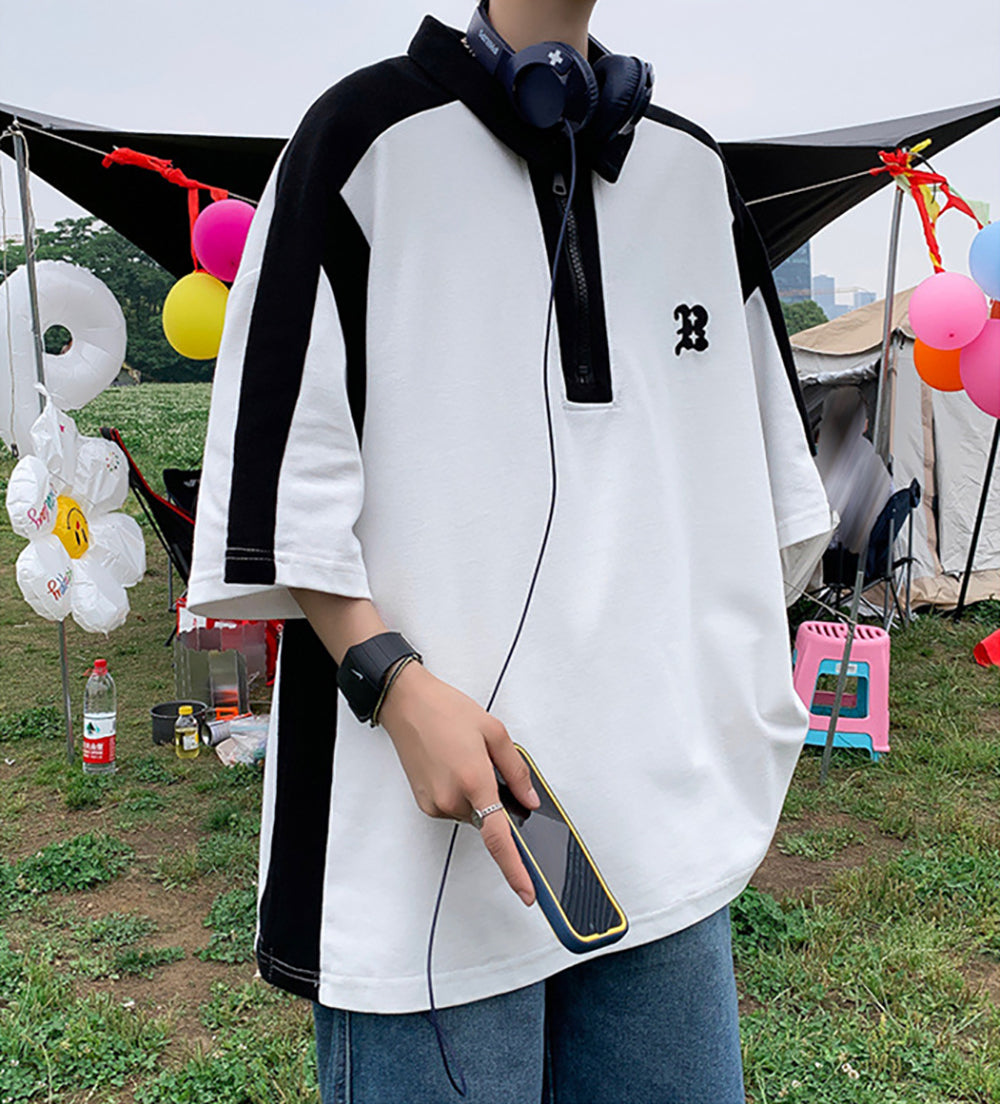 Men Colourblocked Polo Collar Oversized T-shirt