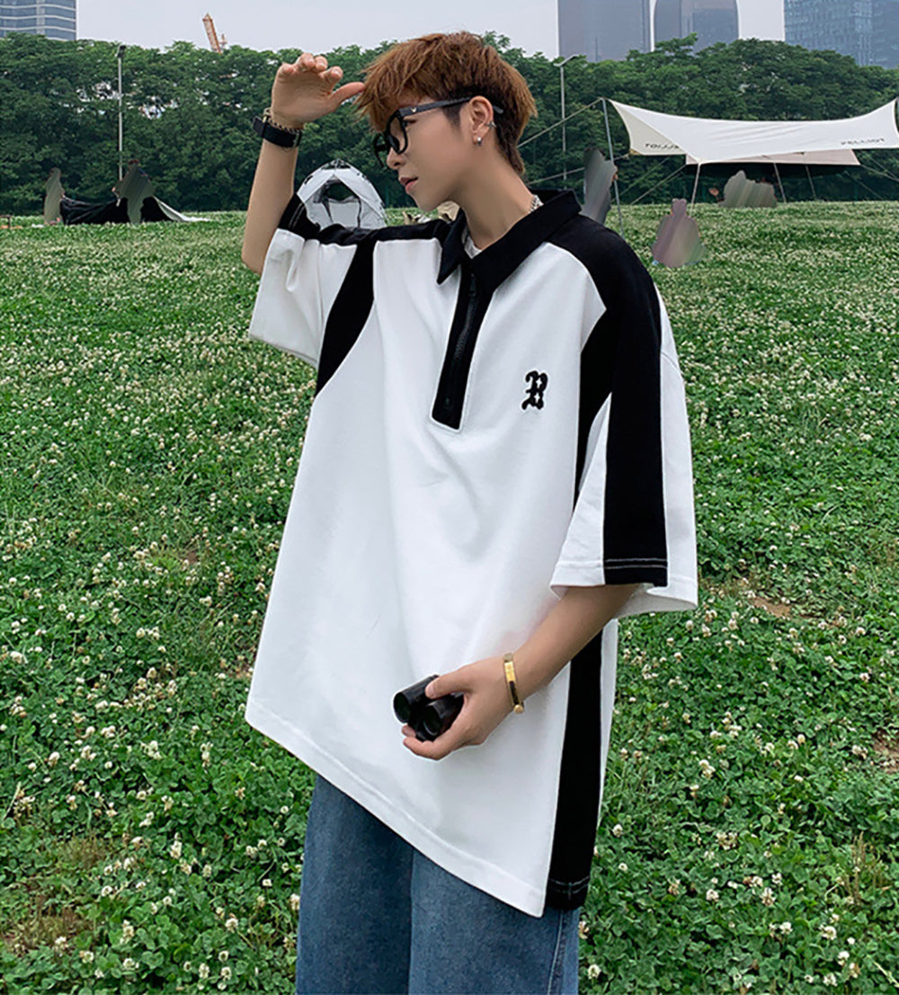Men Colourblocked Polo Collar Oversized T-shirt