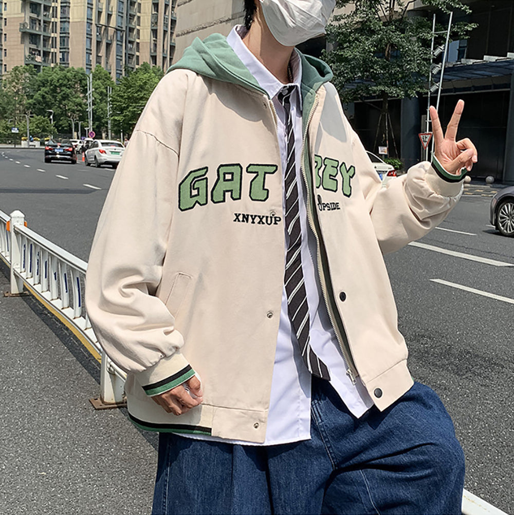 Men Hooded Typography Printed Casual Bomber Jacket