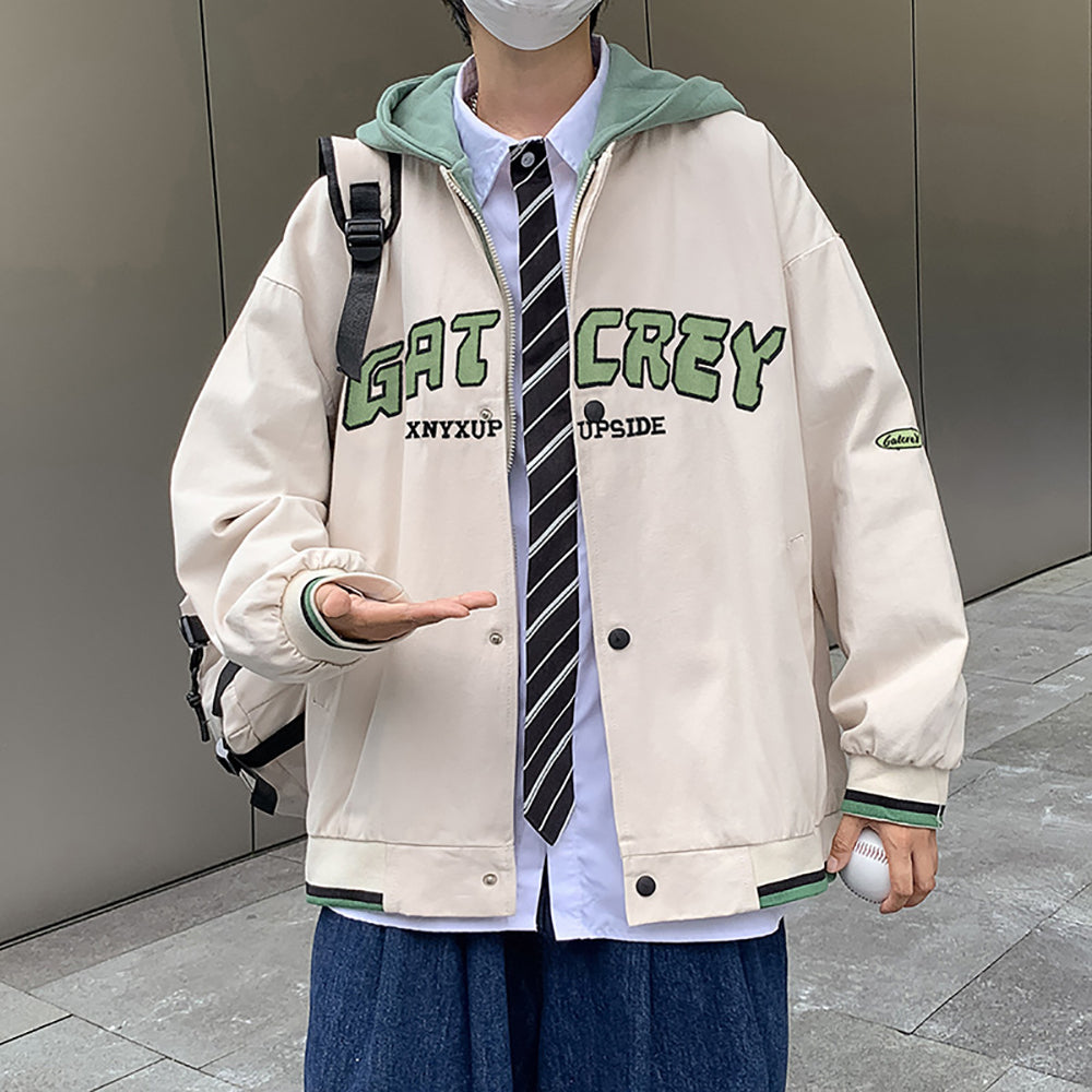 Men Hooded Typography Printed Casual Bomber Jacket