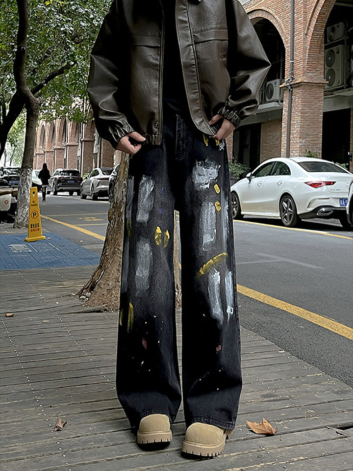 Men Wide Leg Dark Shade Jeans