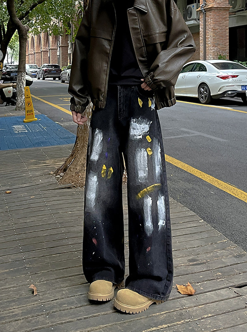 Men Wide Leg Dark Shade Jeans