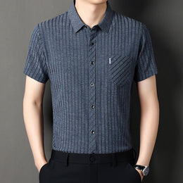Men Vertical Striped Spread Collar Cotton Casual Shirt
