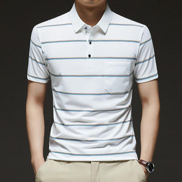 Striped Polo Collar Raw Edge T-shirt