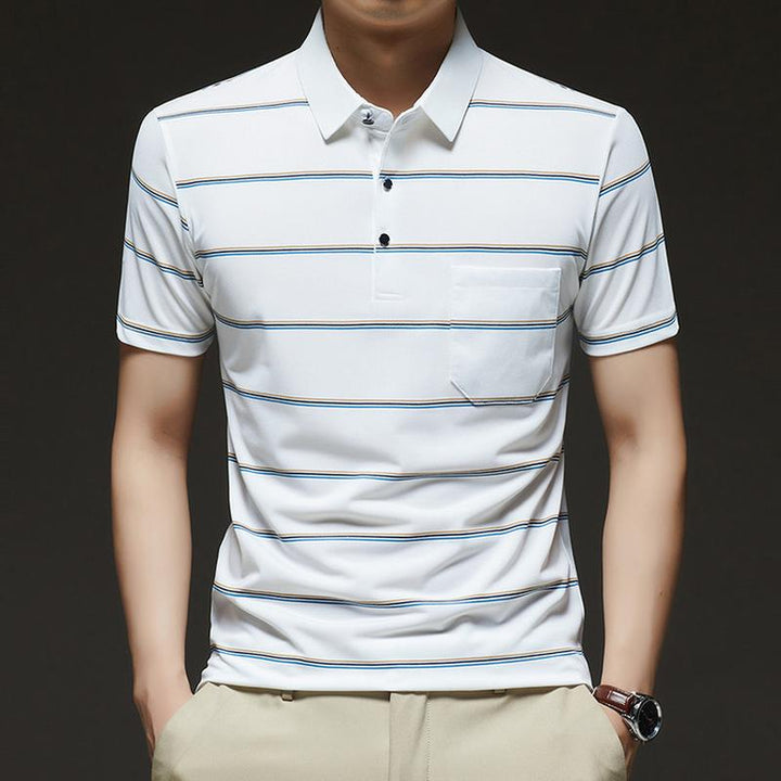 Striped Polo Collar Raw Edge T-shirt
