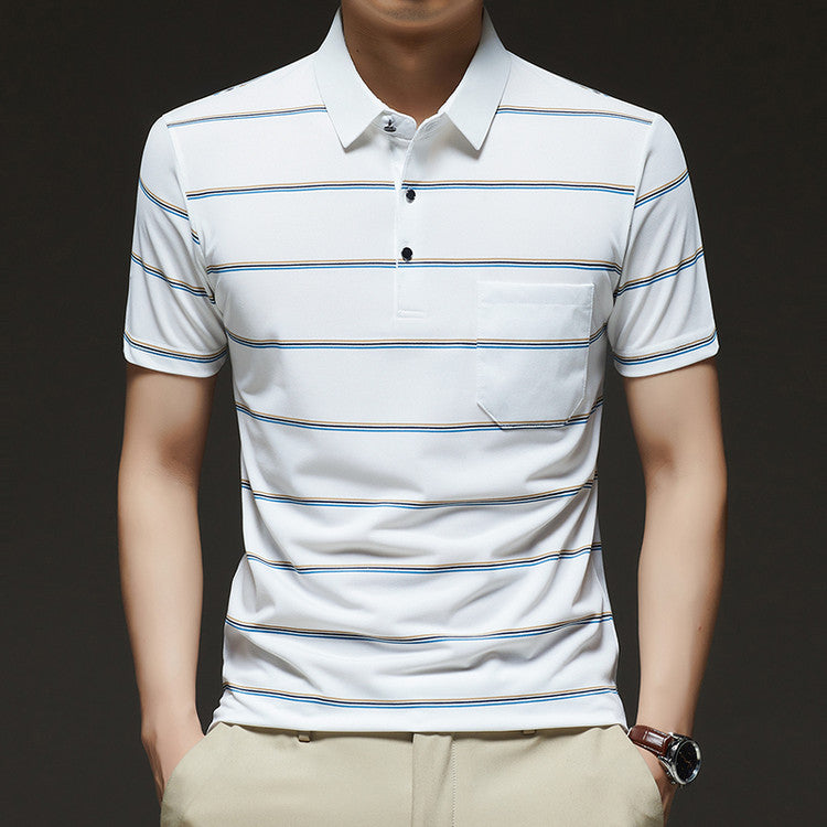 Striped Polo Collar Raw Edge T-shirt