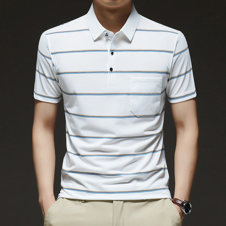 Striped Polo Collar Raw Edge T-shirt
