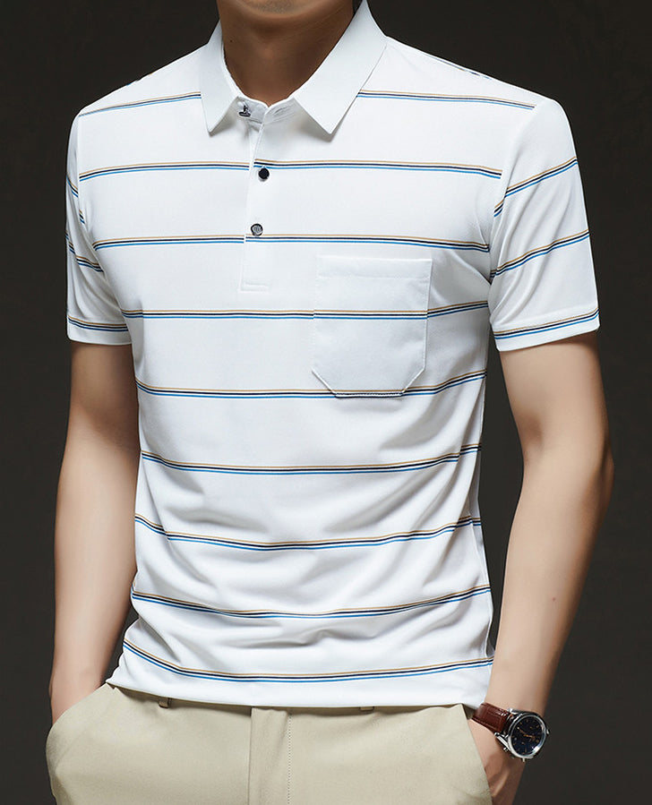 Striped Polo Collar Raw Edge T-shirt