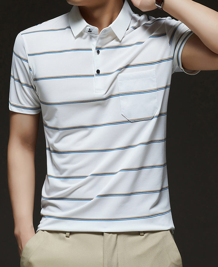 Striped Polo Collar Raw Edge T-shirt