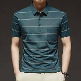 Men Striped Pockets Polo Collar Regular Fit T-shirt