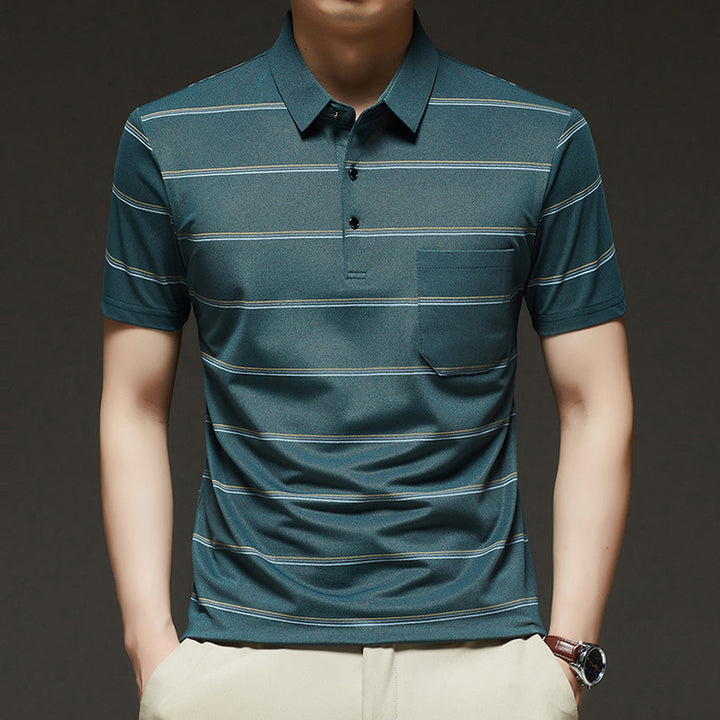 Men Striped Pockets Polo Collar Regular Fit T-shirt