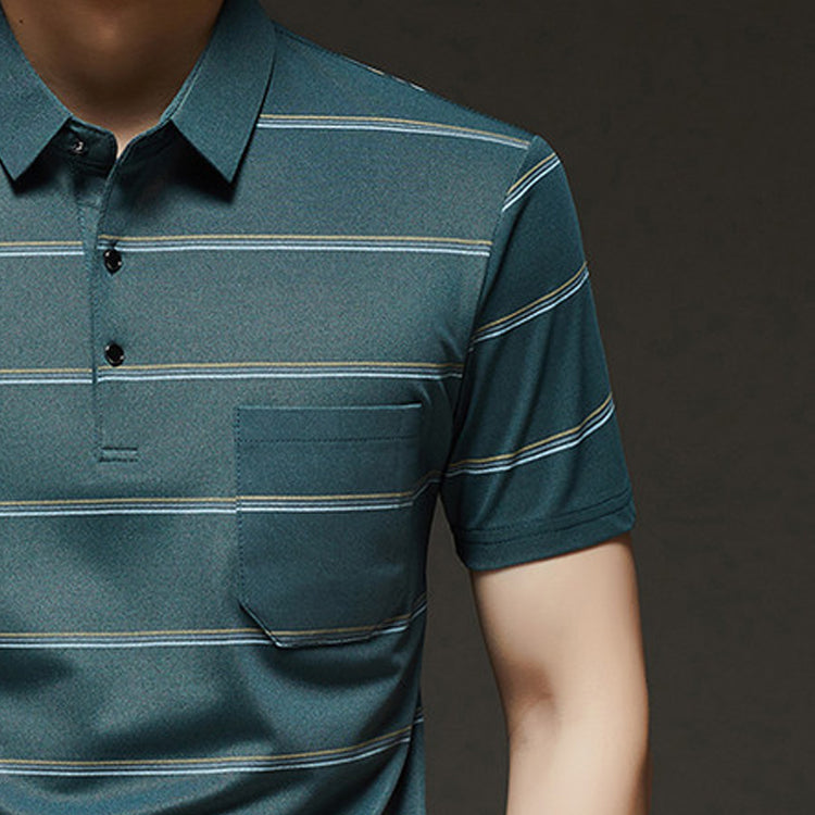 Men Striped Pockets Polo Collar Regular Fit T-shirt