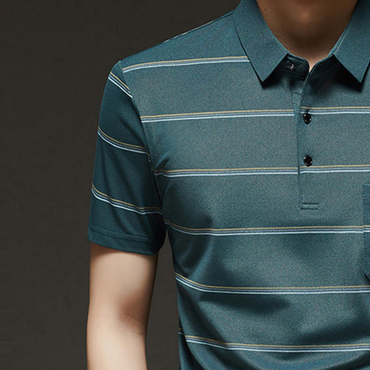 Men Striped Pockets Polo Collar Regular Fit T-shirt