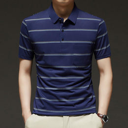 Men Striped Polo Collar Raw Edge T-shirt