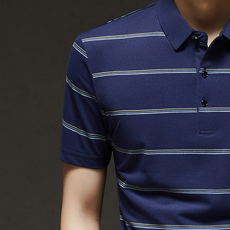 Men Striped Polo Collar Raw Edge T-shirt
