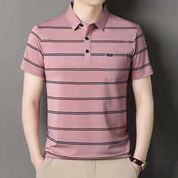 Men Striped Polo Collar Raw Edge T-shirt