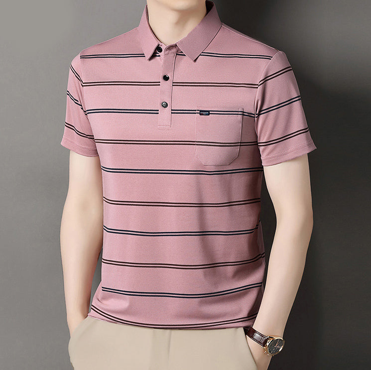 Men Striped Polo Collar Raw Edge T-shirt