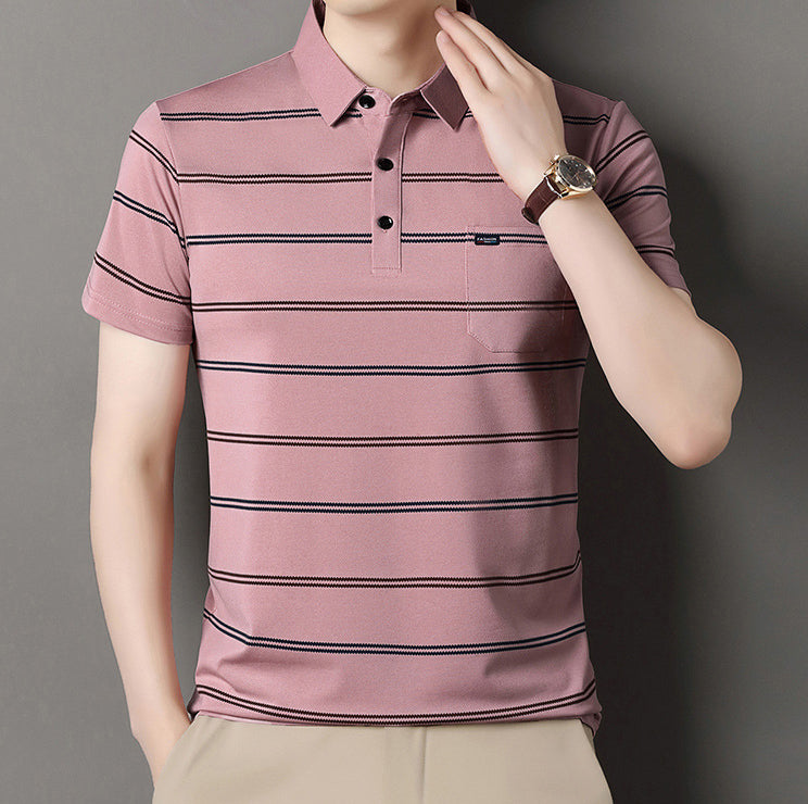 Men Striped Polo Collar Raw Edge T-shirt