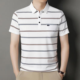 Striped Polo Collar Raw Edge T-shirt