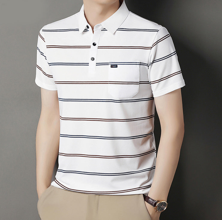 Striped Polo Collar Raw Edge T-shirt