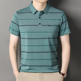 Striped Polo Collar Raw Edge T-shirt