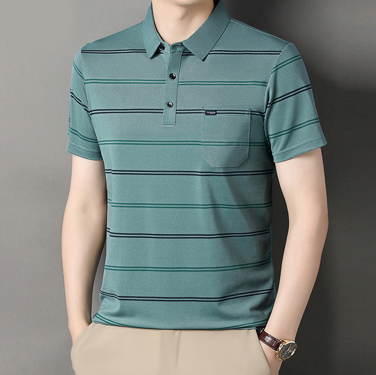 Striped Polo Collar Raw Edge T-shirt