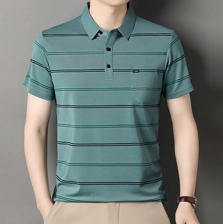 Striped Polo Collar Raw Edge T-shirt