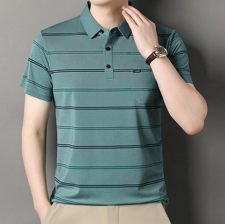Striped Polo Collar Raw Edge T-shirt