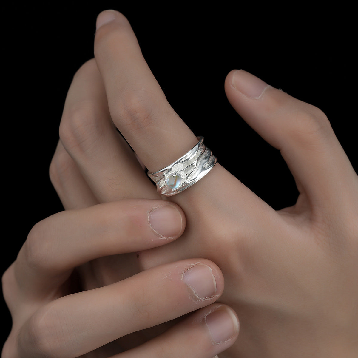 Men Silver-Plated Stone-Studded Textured Adjustable Finger Ring