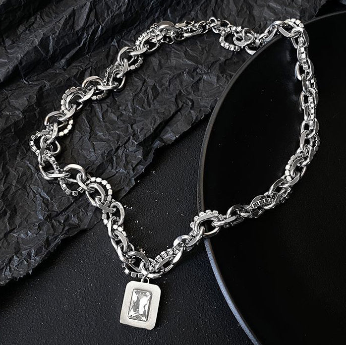 Silver-Plated Artificial Stone Studded Stainless Steel Statement Chain