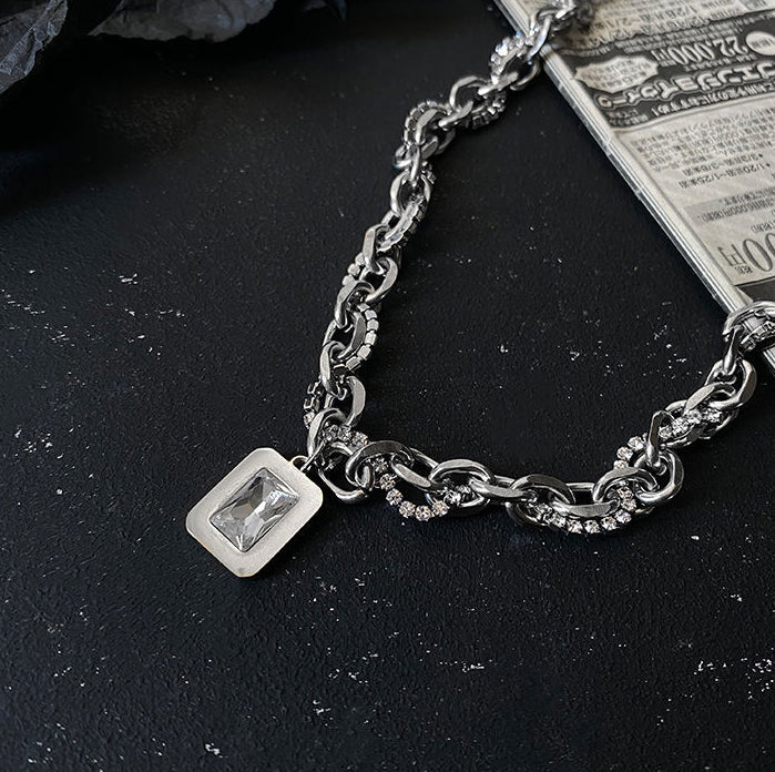 Silver-Plated Artificial Stone Studded Stainless Steel Statement Chain