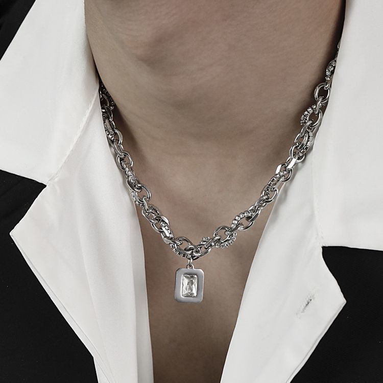 Silver-Plated Artificial Stone Studded Stainless Steel Statement Chain