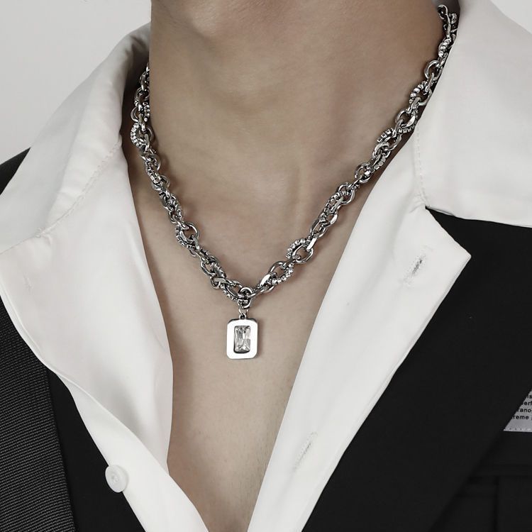 Silver-Plated Artificial Stone Studded Stainless Steel Statement Chain