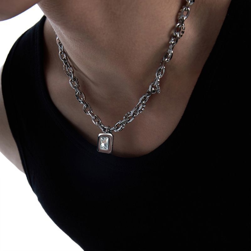 Silver-Plated Artificial Stone Studded Stainless Steel Statement Chain