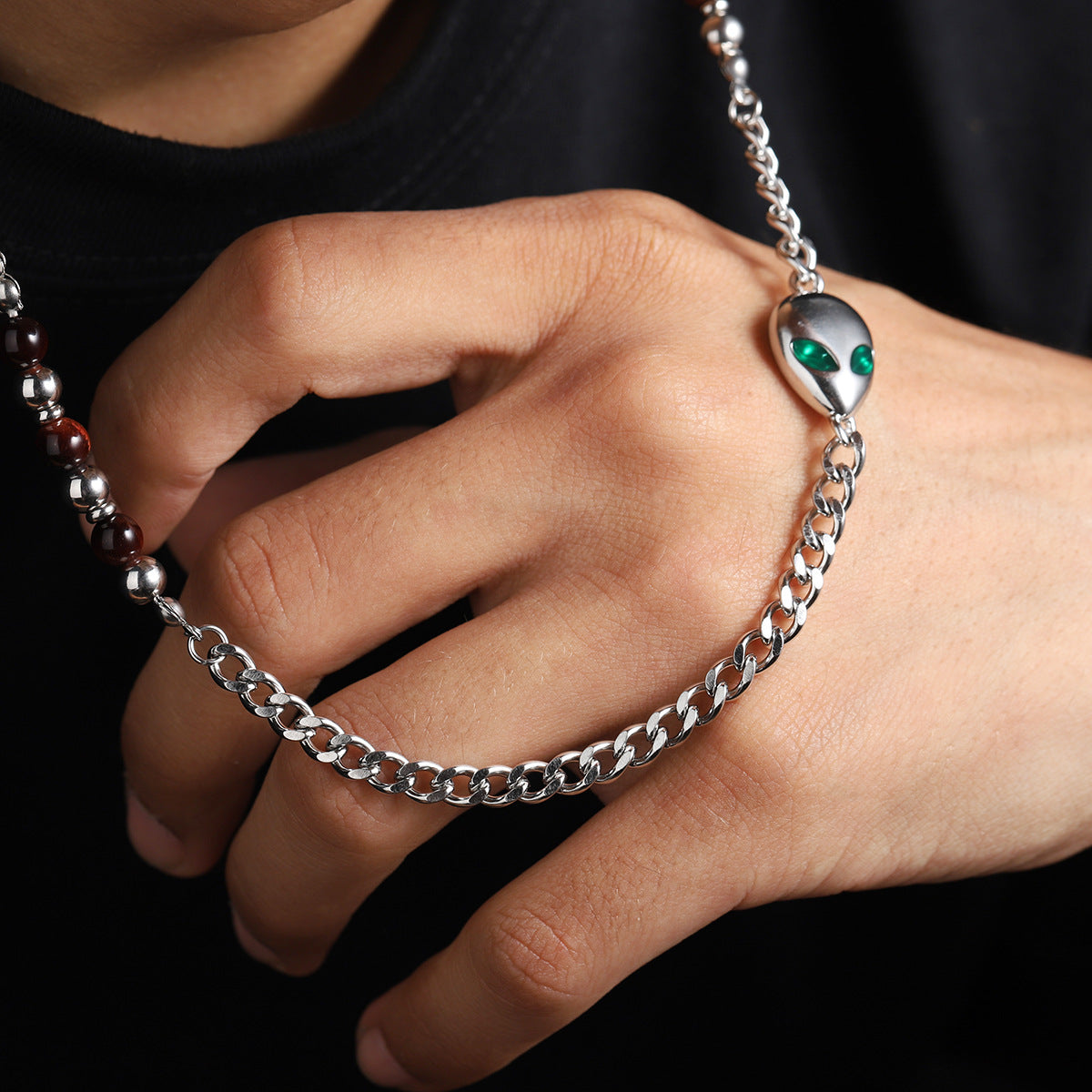 Silver-Plated Artificial Beaded Stainless Steel Minimal Chain