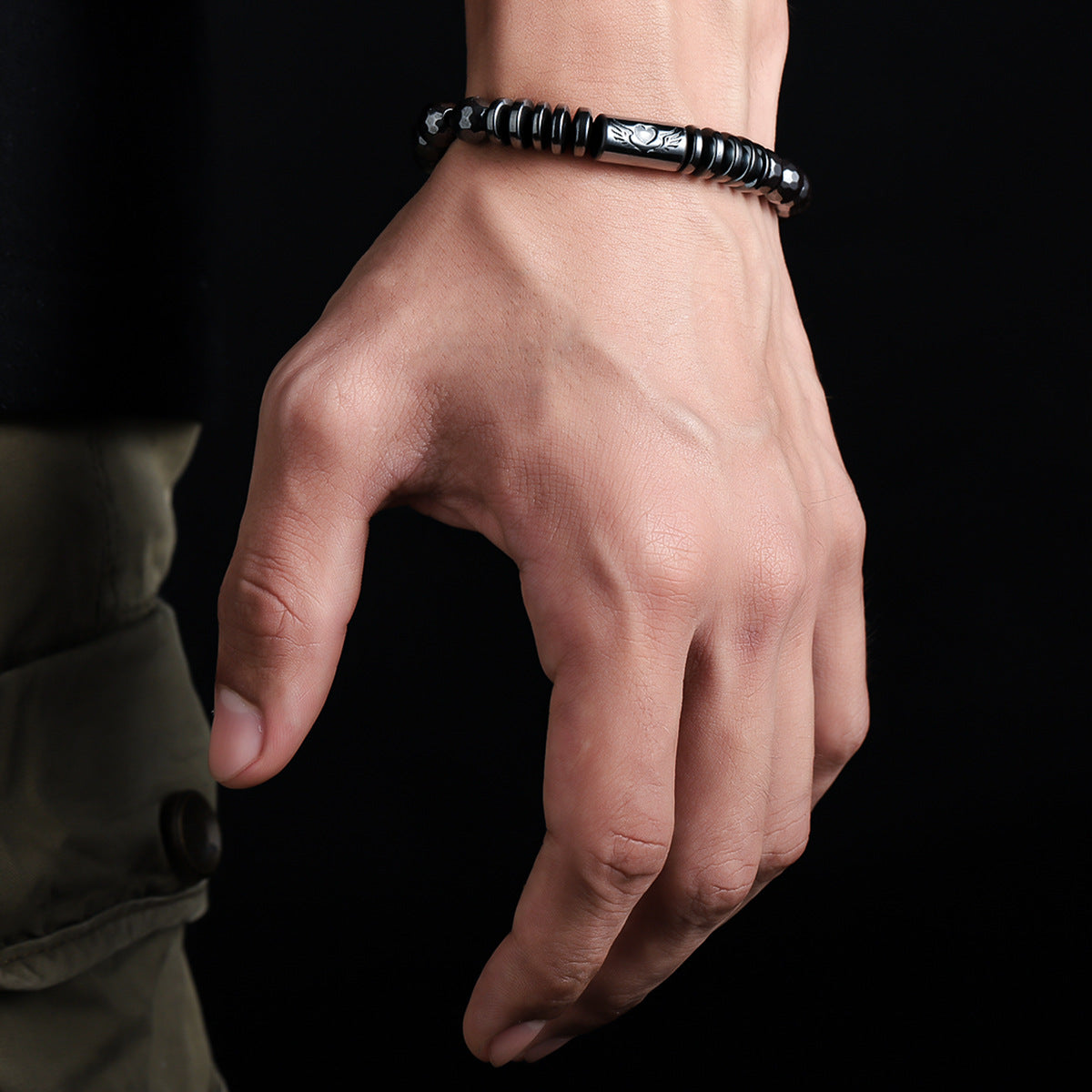 Men Stainless Steel Artificial Beaded Elasticated Bracelet
