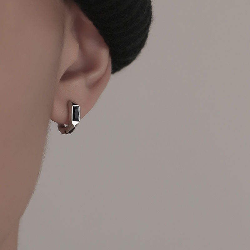 Stainless Steel Silver-Plated Studded Geometric Shaped Hoop Earrings