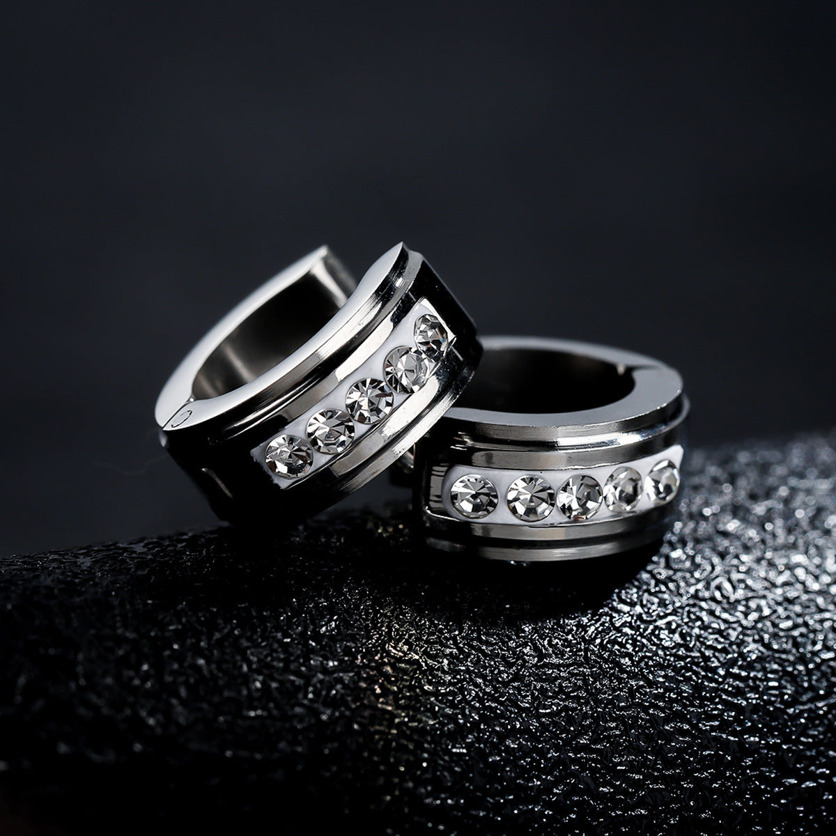 Stainless Steel Silver-Plated Studded Circular Shaped Hoop Earrings