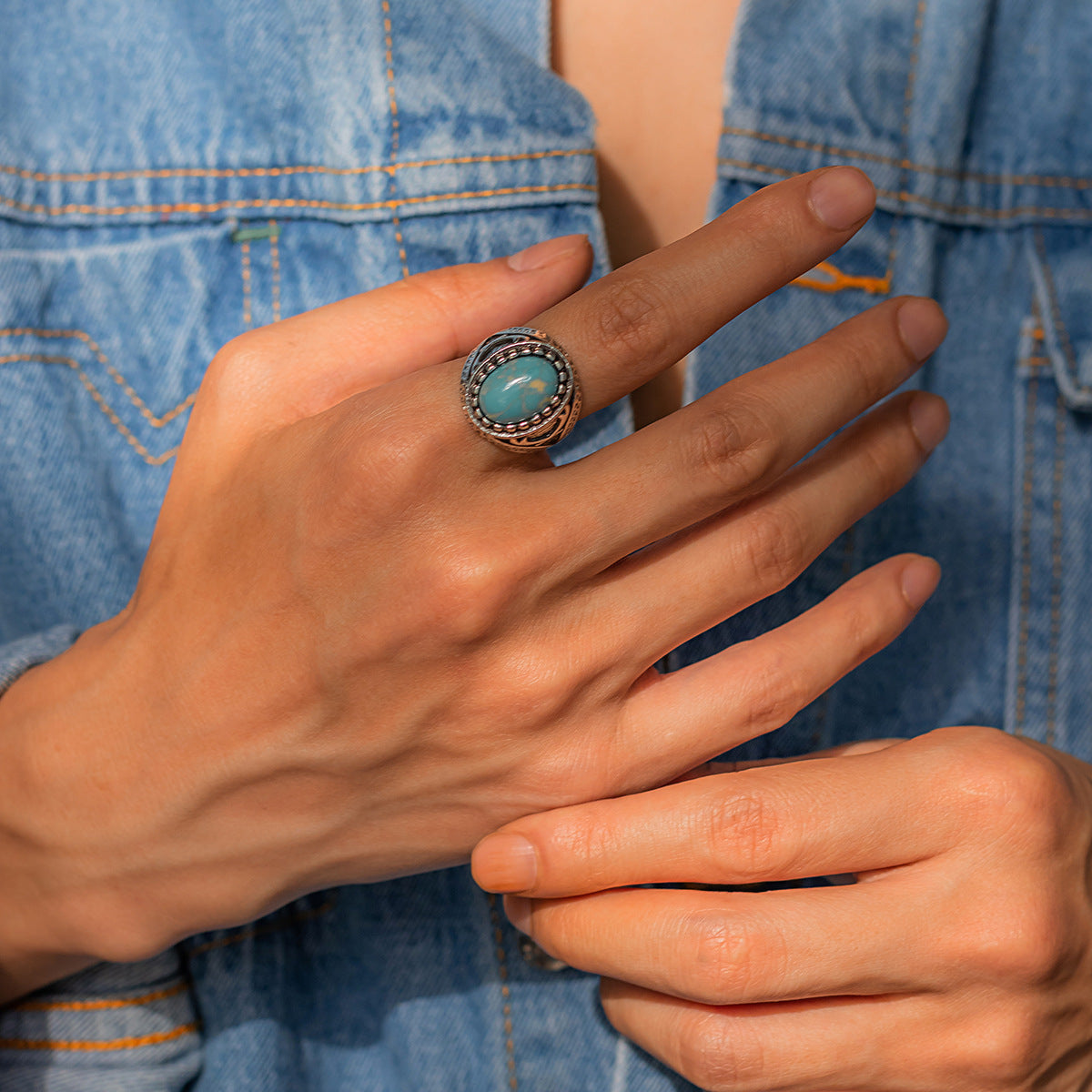 Silver-Plated Stone-Studded Adjustable Finger Ring