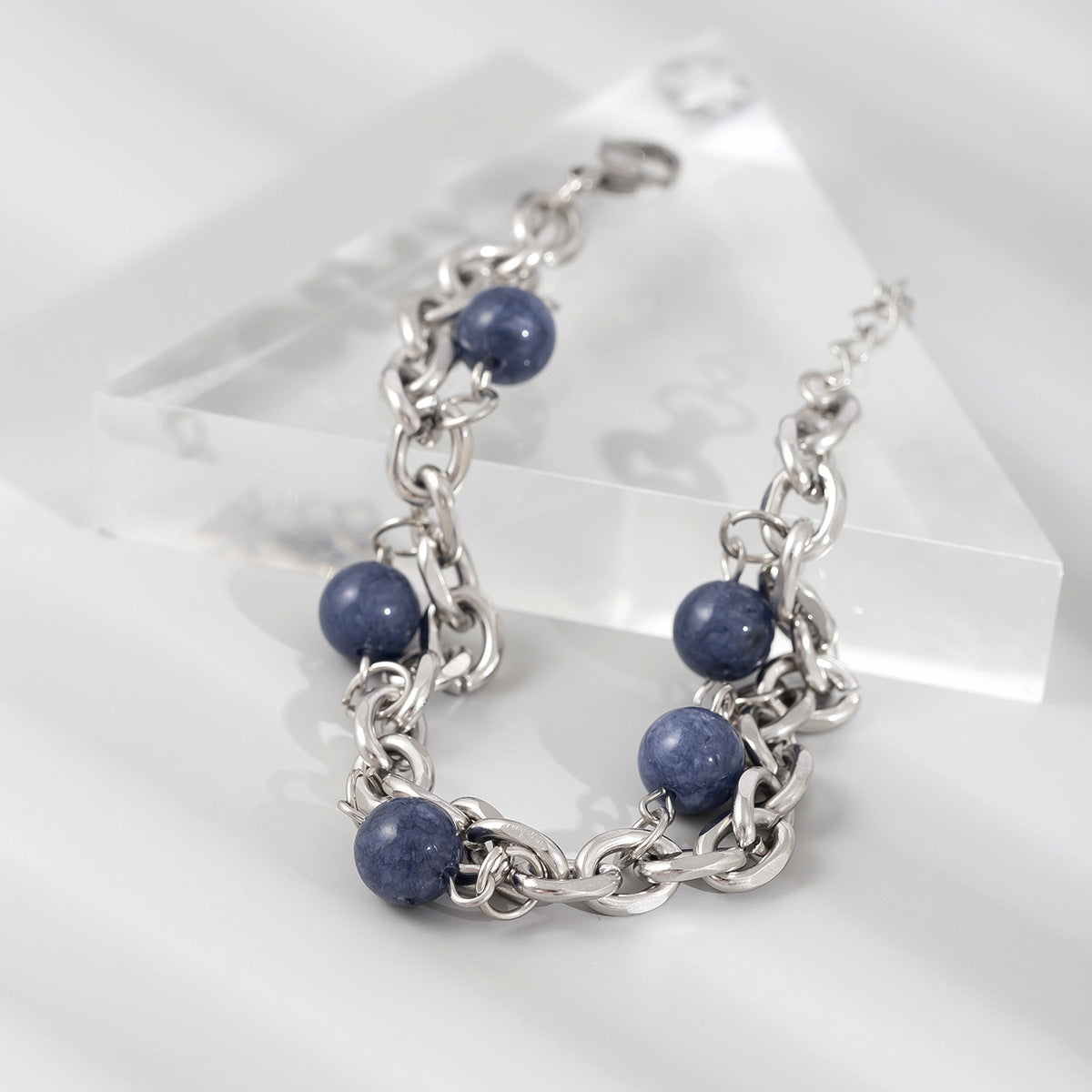 Men Silver-Plated Artificial Beaded Link Bracelet