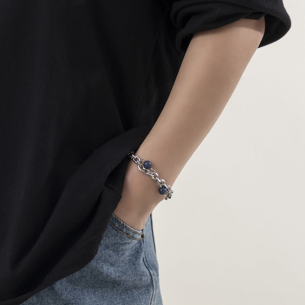 Men Silver-Plated Artificial Beaded Link Bracelet