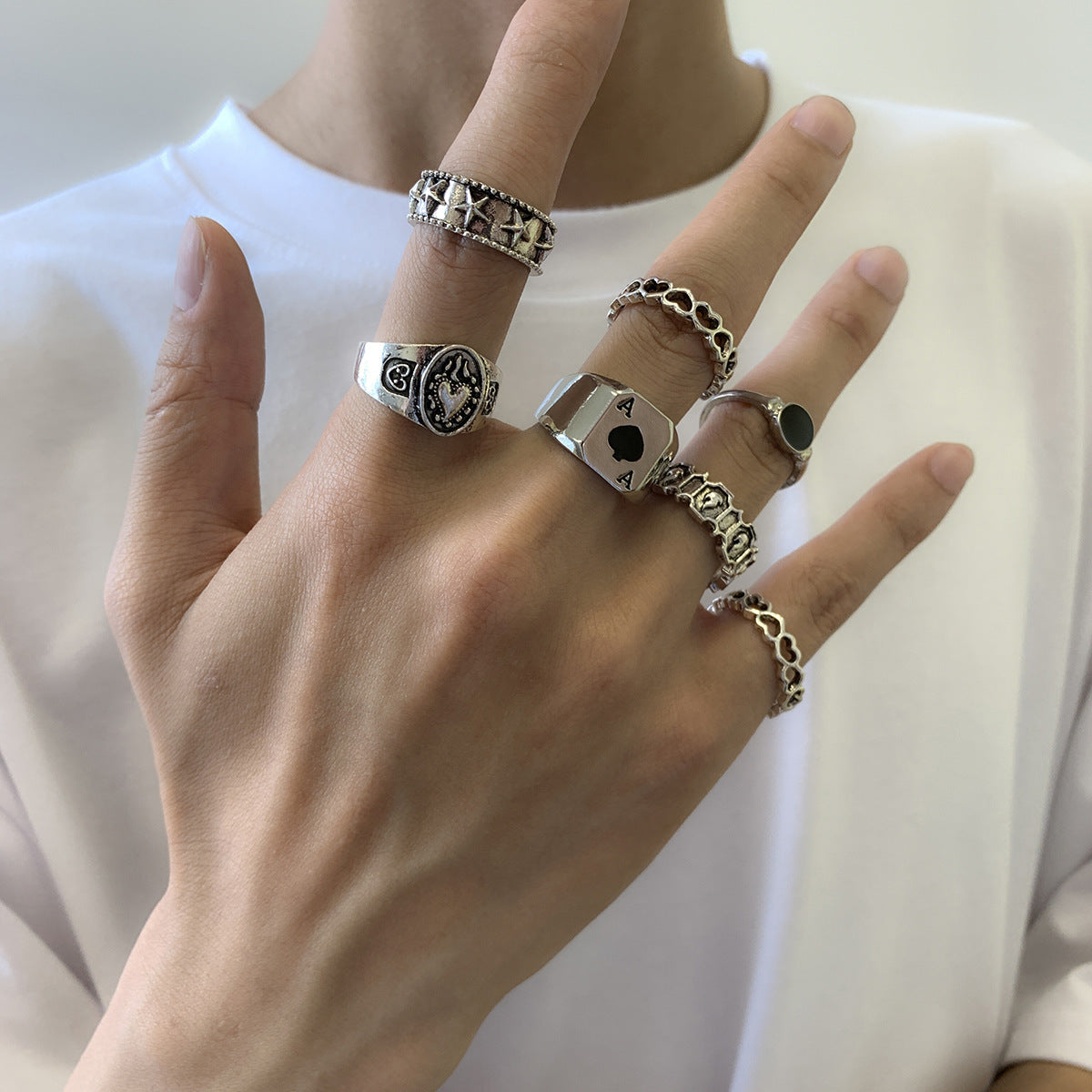 Men Set Of 7 Silver-Plated Oxidised Finger Ring