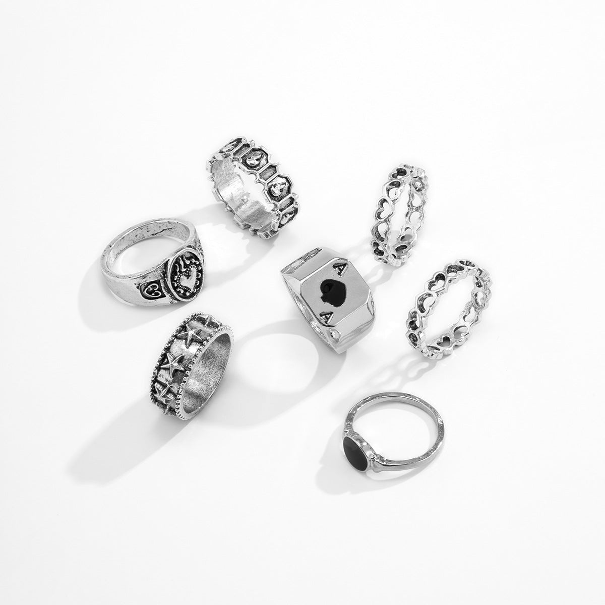 Men Set Of 7 Silver-Plated Oxidised Finger Ring