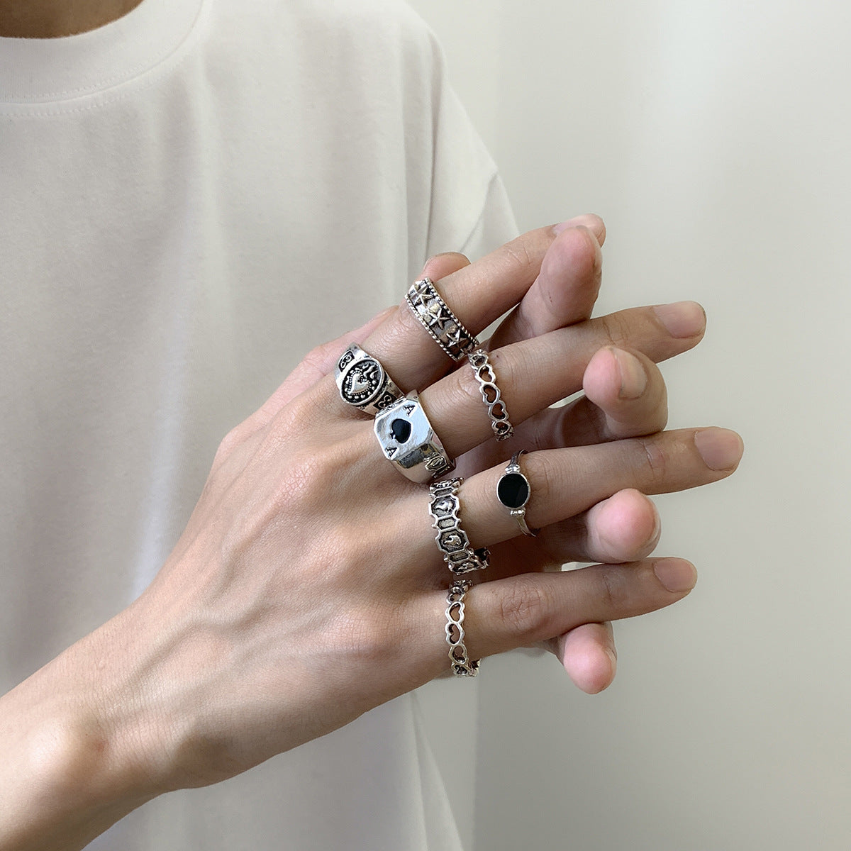 Men Set Of 7 Silver-Plated Oxidised Finger Ring
